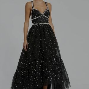 Mac Duggal Black and White Beaded High Low Dress